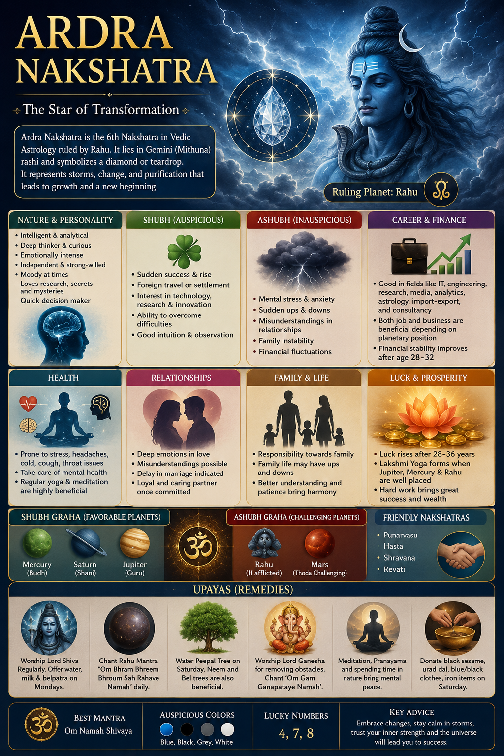 Ardra Nakshatra Born Individuals: Life, Nature, Destiny, Career, Auspicious & Inauspicious Effects and Remedies