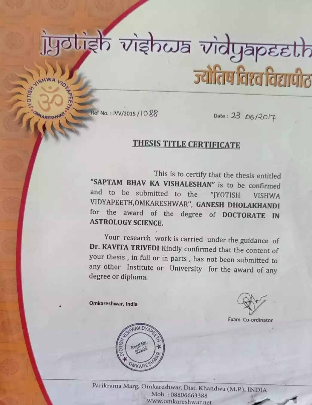  Certificate of Thesis