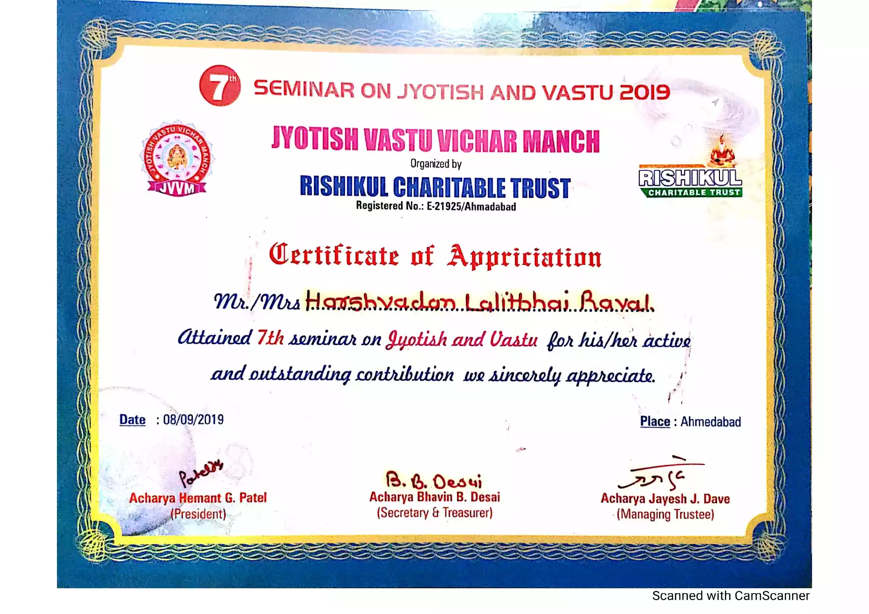 Certificate Of Appreciation In Jyotish And Vastu
