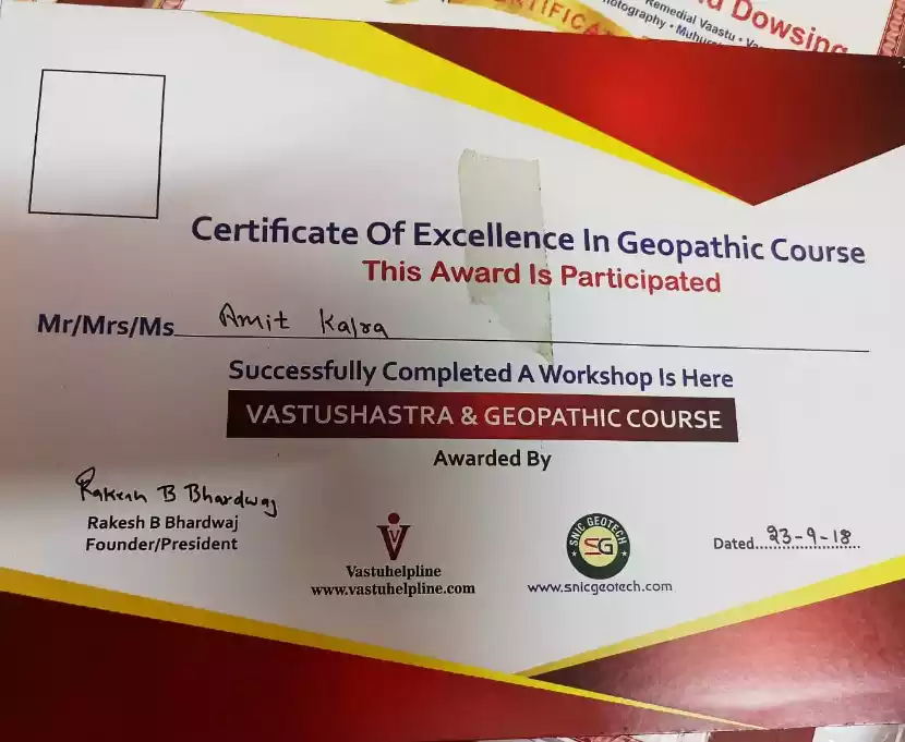 Certificate Of Vastushastra & Geopathic Cource