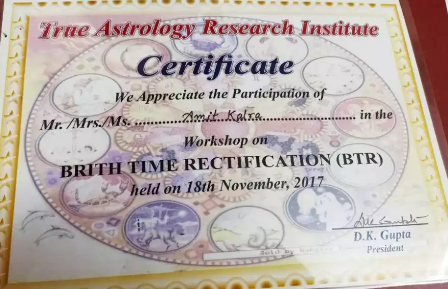 Certificate Of Workshop On Birth Time Rectification