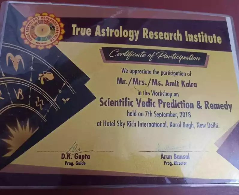 Certificate Of Workshop On Scientific Vedic Prediction & Remedy