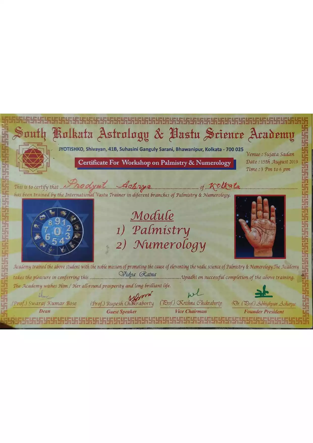 Certificate Of Palmist & Numerology 