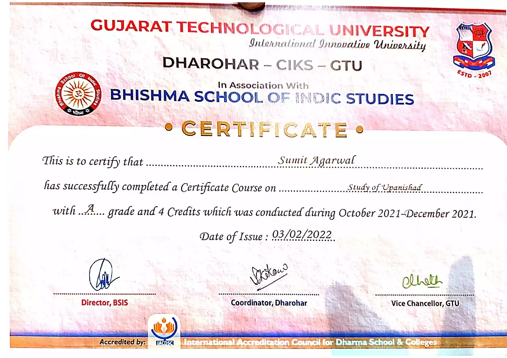 Certificate Of Upanishad