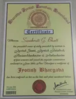 Certificate Of Jyotish Bhargava