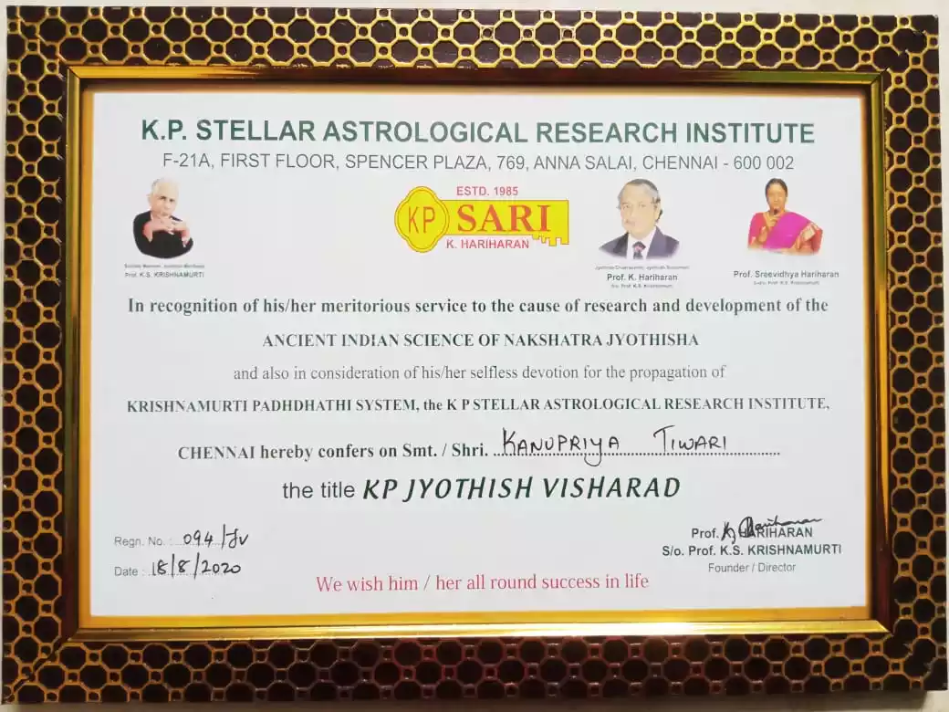 Certificate Of KP Jyotish Visharad