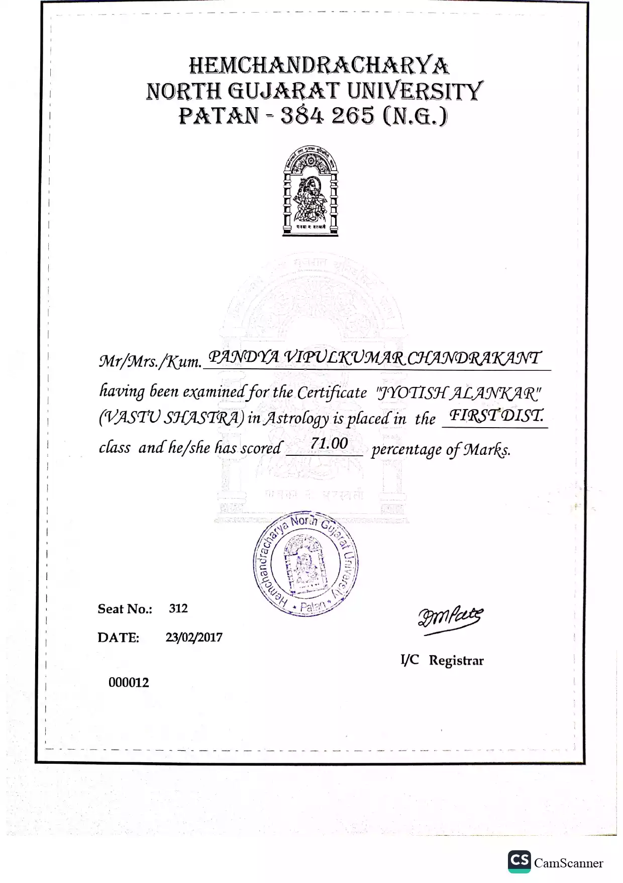 Certificate Of Jyotish Alankar (Vastu Shastra)
