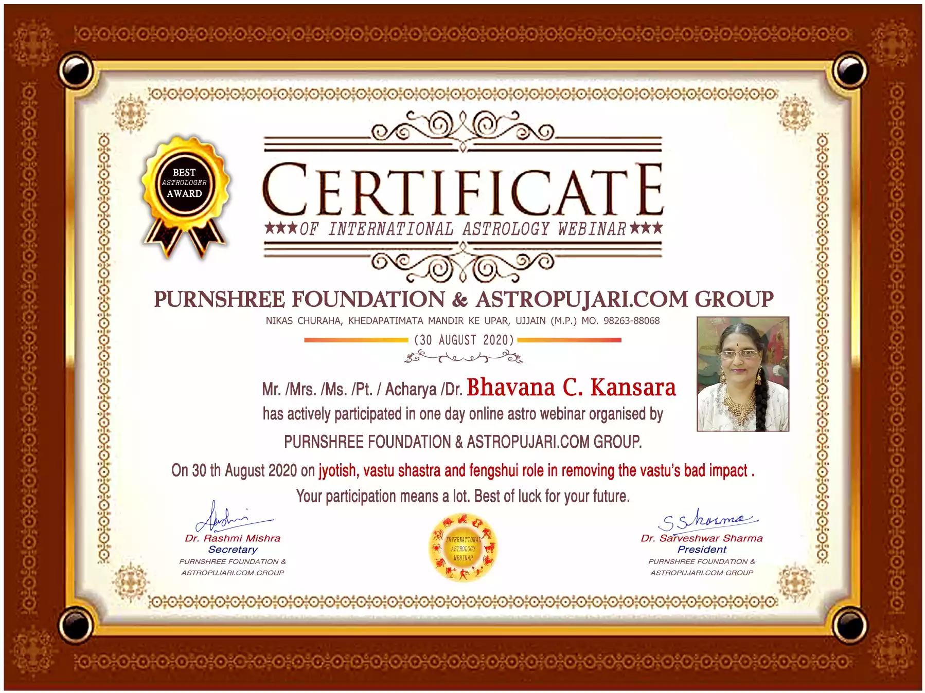 Certificate Of Participated In 1 Day Online Astro Webinar