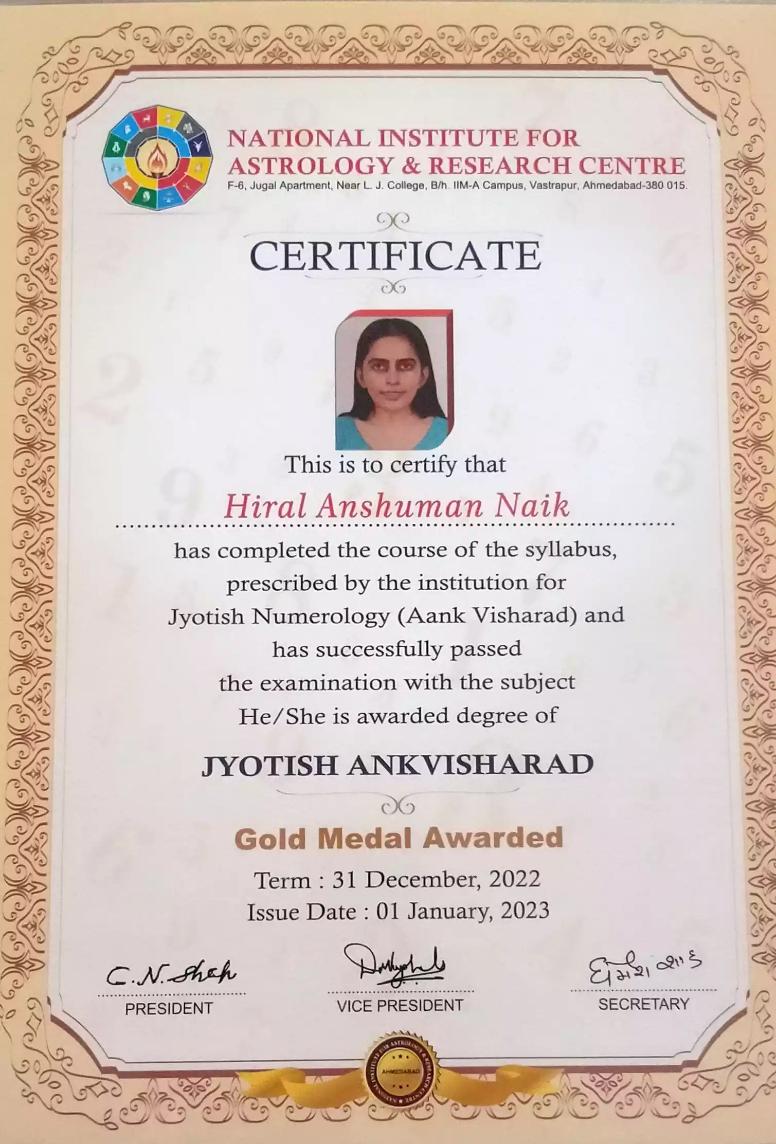 GOLD MEDAL  JYOTISH ANKVISHAD