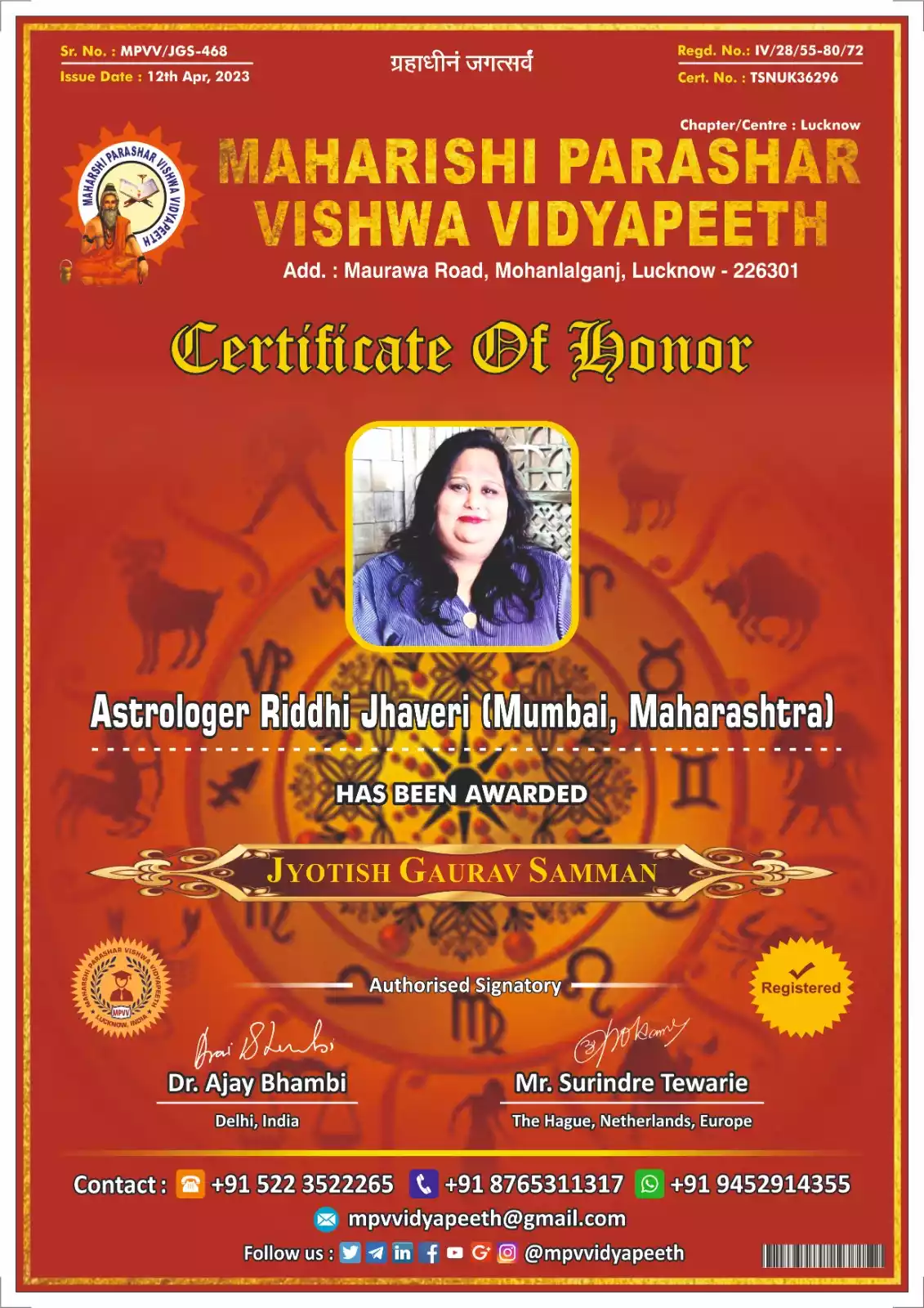 Certificate Of Honour