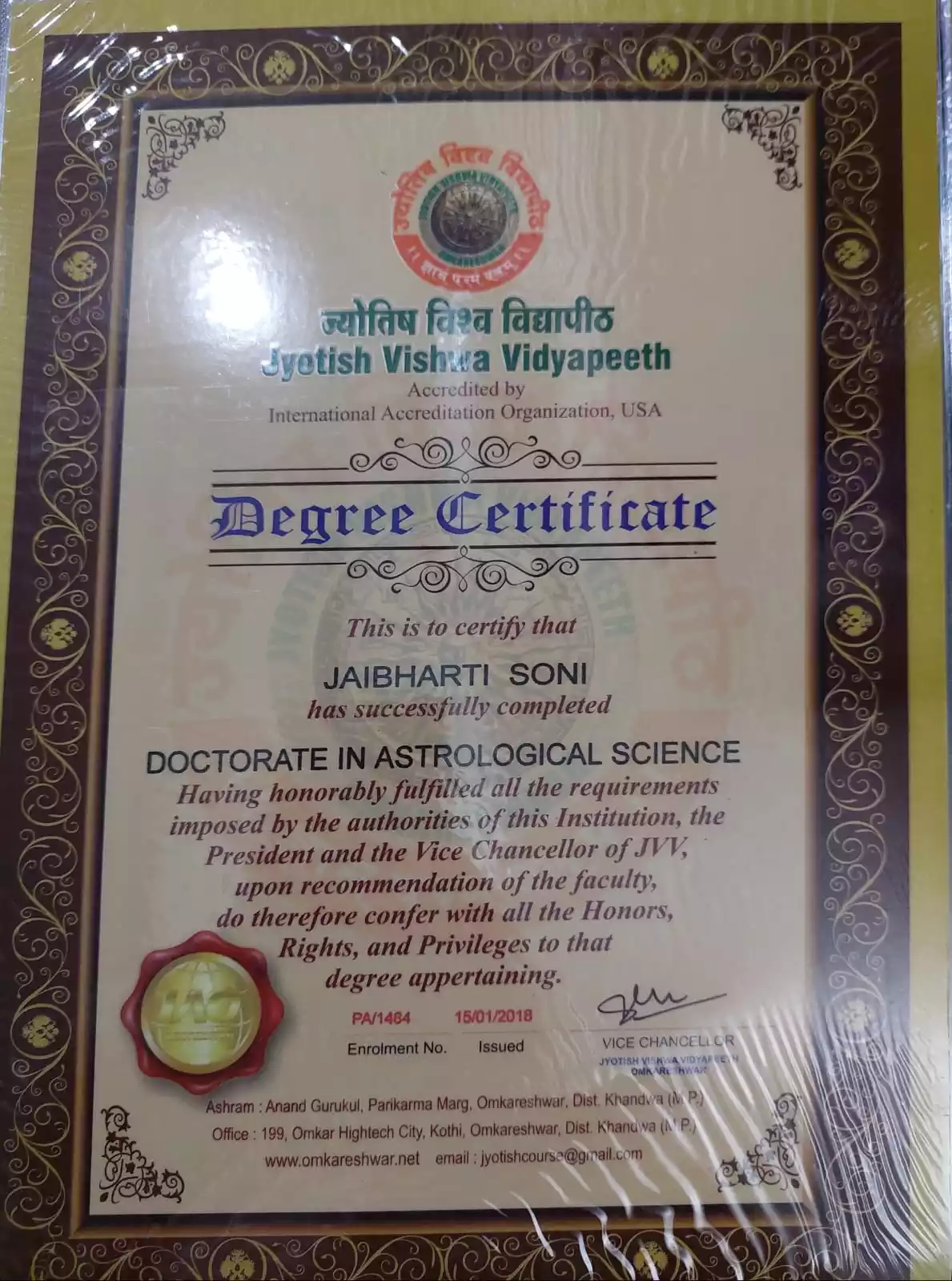 Doctorate in Astrolgy Science