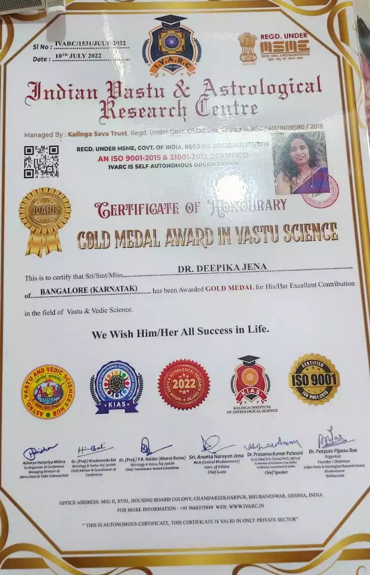 Gold Medal Award In Vastu  