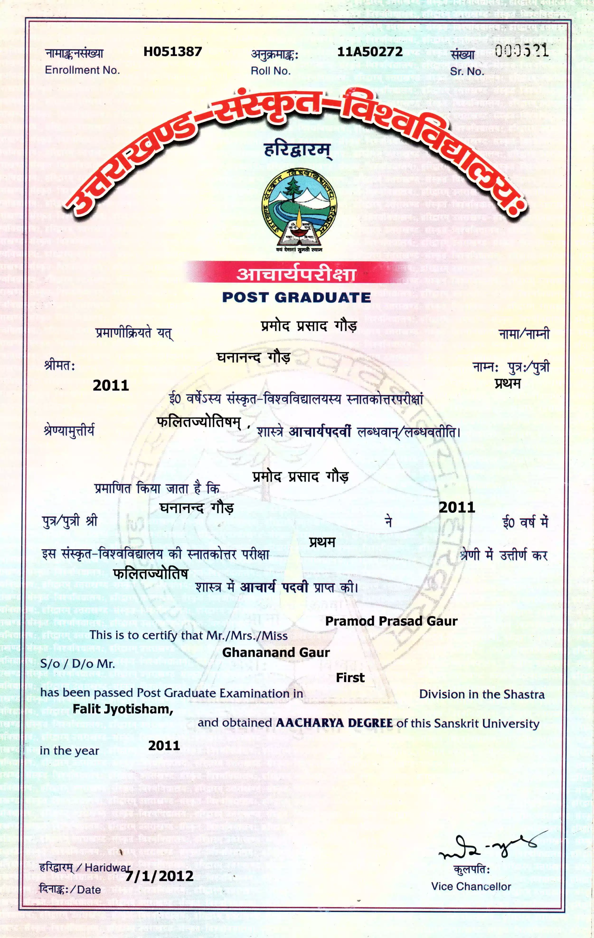 Post Graduation in Falit Jyotish