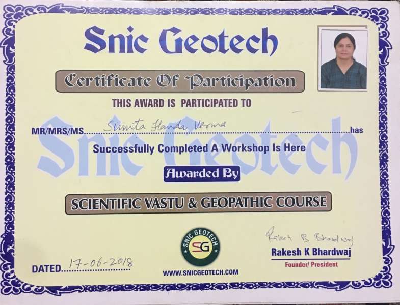 Certificate of Scientific Vastu & Geopathic 